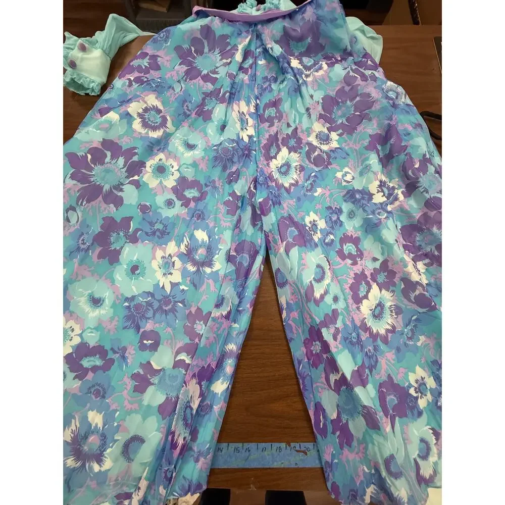 Vintage 70s Chiffon Wide Leg Jumpsuit Ruffle Neck Empire Waist Size 7 READ - Picture 8 of 16